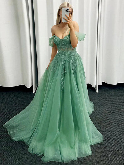 A-Line Off Shoulder Tulle Lace Green Long Prom Dress Formal Dress