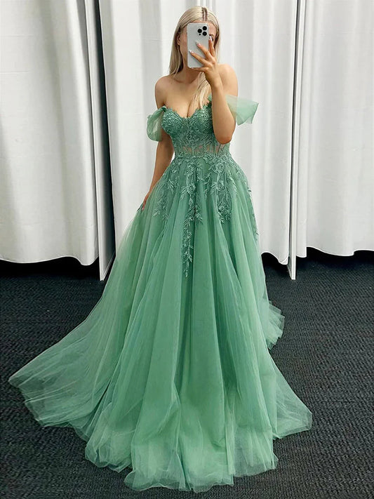 A-Line Off Shoulder Tulle Lace Green Long Prom Dress Formal Dress