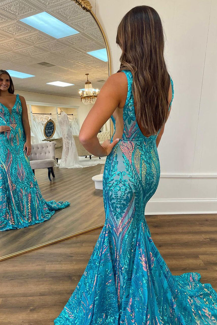 Cute Mermaid V Neck Teal Sequins Long Prom Dress
