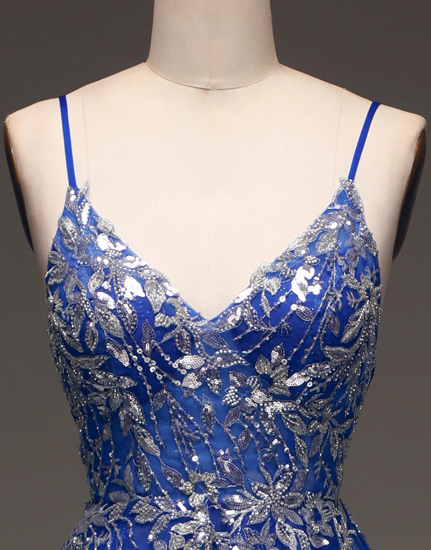 A Line Spaghetti Straps Backless Long Prom Dress with Appliques