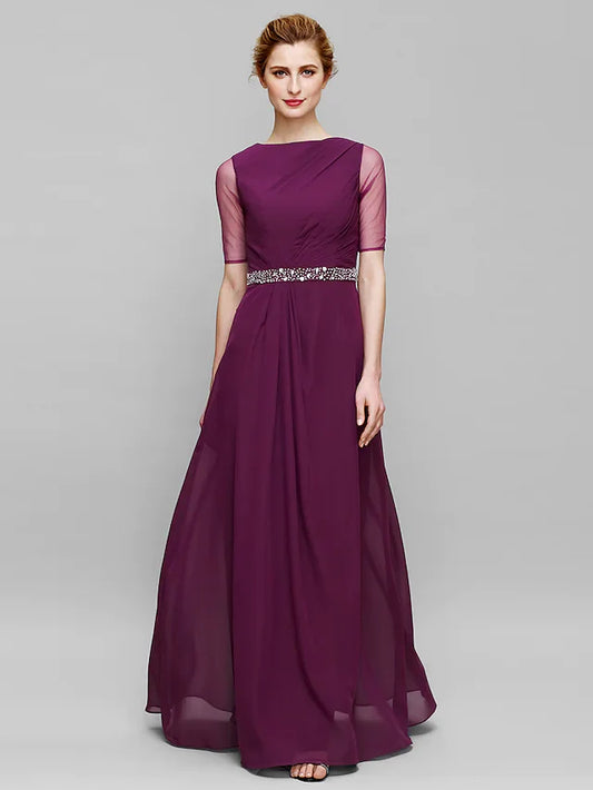 Mother of the Bride Dress Elegant Bateau Neck Floor Length Chiffon Tulle Half Sleeve with Beading