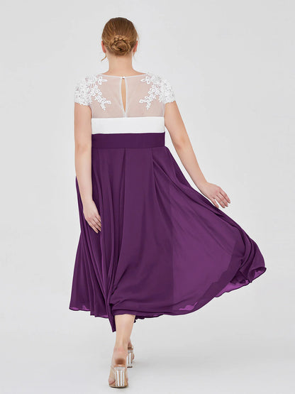V Neck Chiffon Dress with Ivory Appliqued Bodice Grape Mother of the Bride Dresse