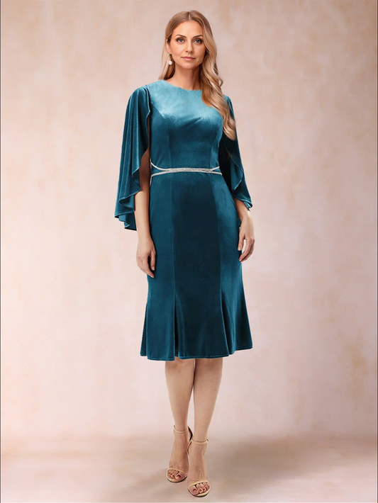 A-Line/Princess Scoop 3/4 Sleeves Knee-Length Evening Dresses Mother of the Bride Dresse with Sash