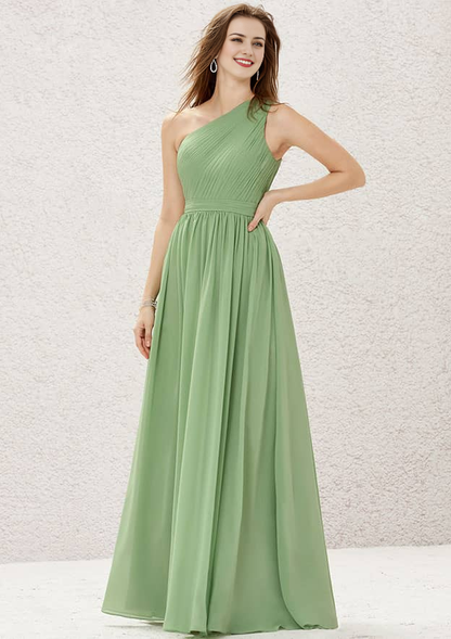 One-Shoulder Sleeveless Long Chiffon Bridesmaid Dress With Pleated