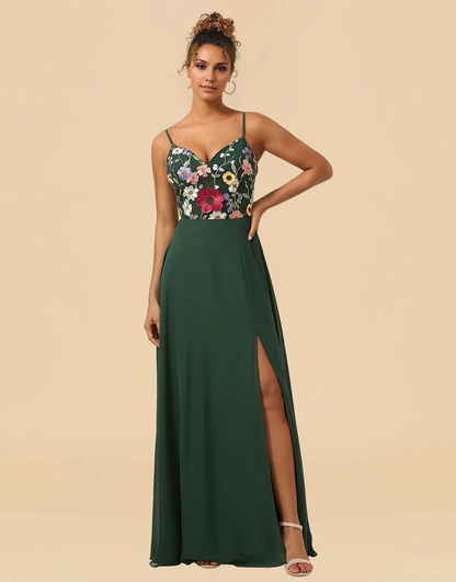 A-Line Princess Dark Green Spaghetti Straps Long Bridesmaid Dress With Embroidery Flowers