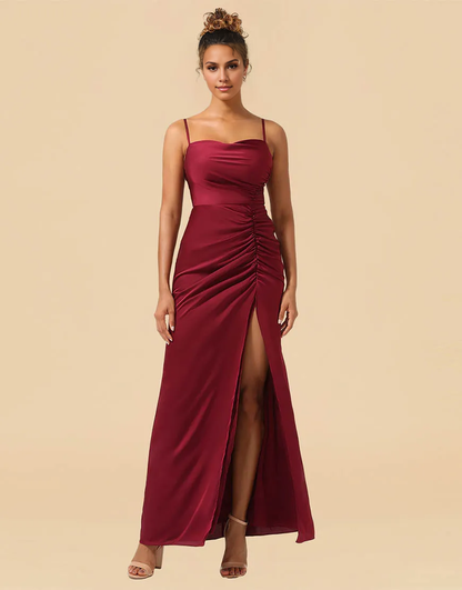 Burgundy Sheath Spaghetti Straps Long Satin Ruched Bridesmaid Dress With Split