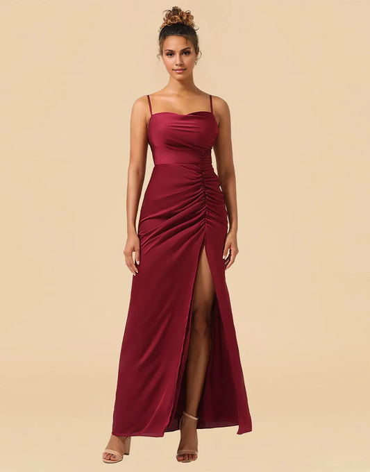 Burgundy Sheath Spaghetti Straps Long Satin Ruched Bridesmaid Dress With Split