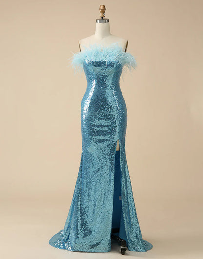 Mermaid Strapless Slit Dress Sequin Prom Dress With Feathers