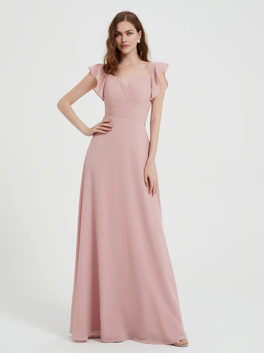 Sweetheart Flutter Sleeves Chiffon Dress Dusty Rose Bridesmaid Dress