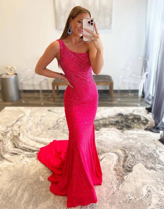 Fuchsia Long Dress One Shoulder Mermaid Beaded Prom Dress