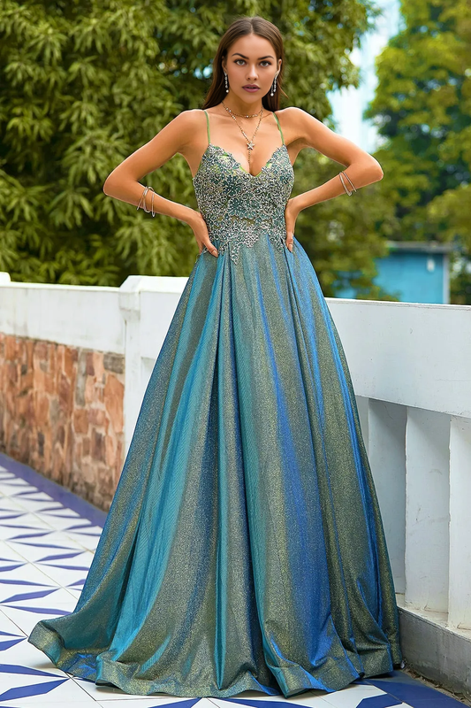 A-Line Princess Glitter Spaghetti Straps Long Prom Dress Evening Dresses Wedding Guest Dresses