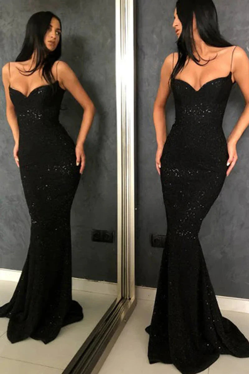 Mermaid Spaghetti Straps Sweetheart Black Sequined Prom Evening Dresses