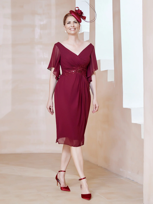 Flutter Sleeves V-neck Sequins Applique Dress Burgundy Chiffon Mother of the Bride Dresse