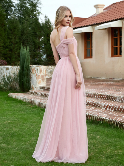 A-Line One Shoulder Tulle Long Bridesmaid Gown Dusty Rose