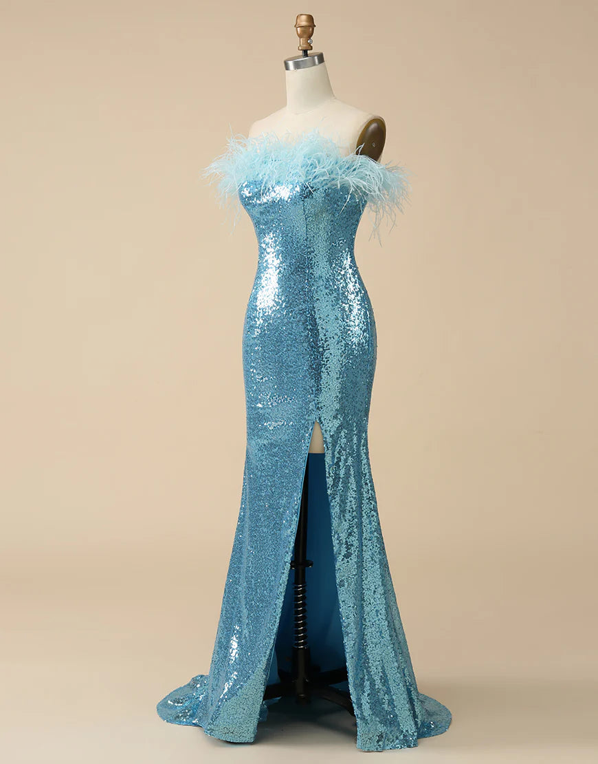 Mermaid Strapless Slit Dress Sequin Prom Dress With Feathers