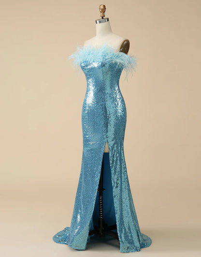 Mermaid Strapless Slit Dress Sequin Prom Dress With Feathers