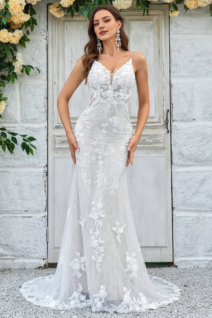 Ivory Mermaid Lace Long V-Neck Wedding Dress Train Dresses
