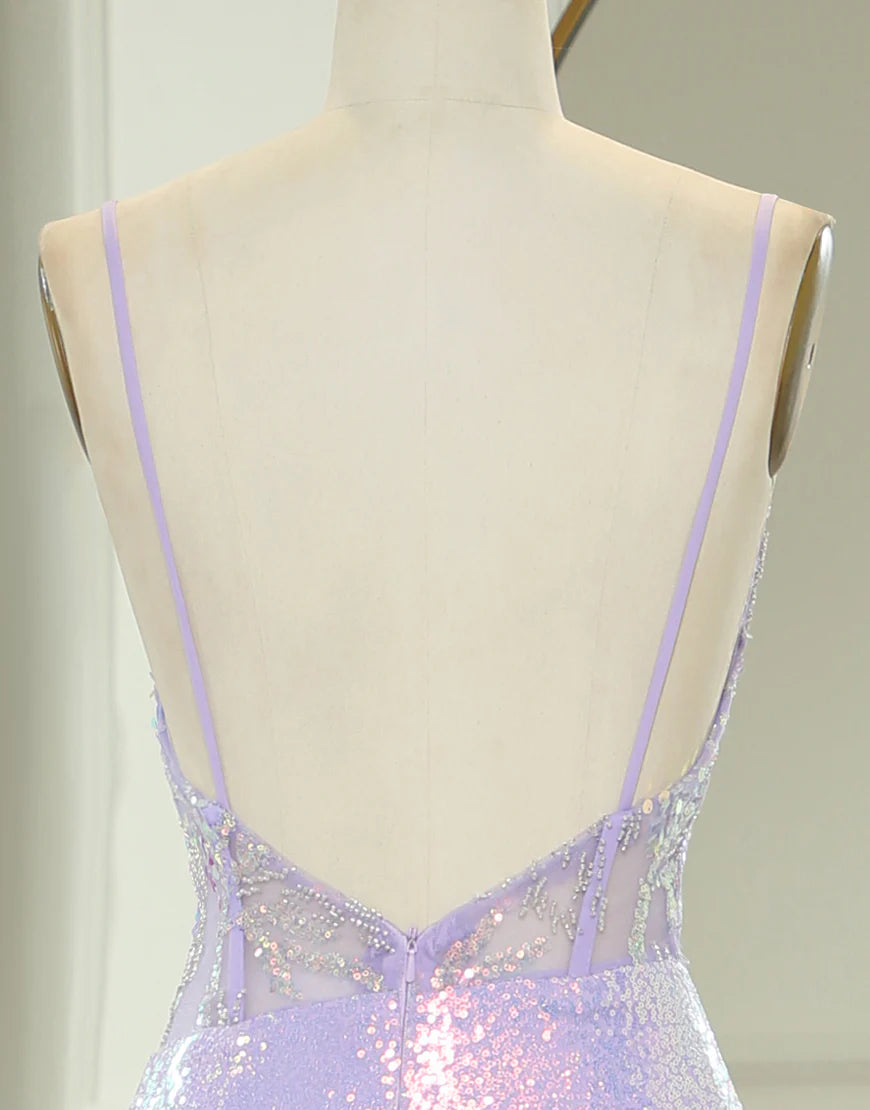 Sparkly Purple Mermaid Corset Backless Prom Dress With Slit