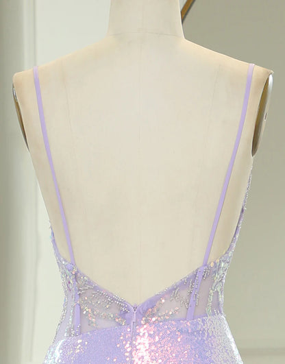 Sparkly Purple Mermaid Corset Backless Prom Dress With Slit