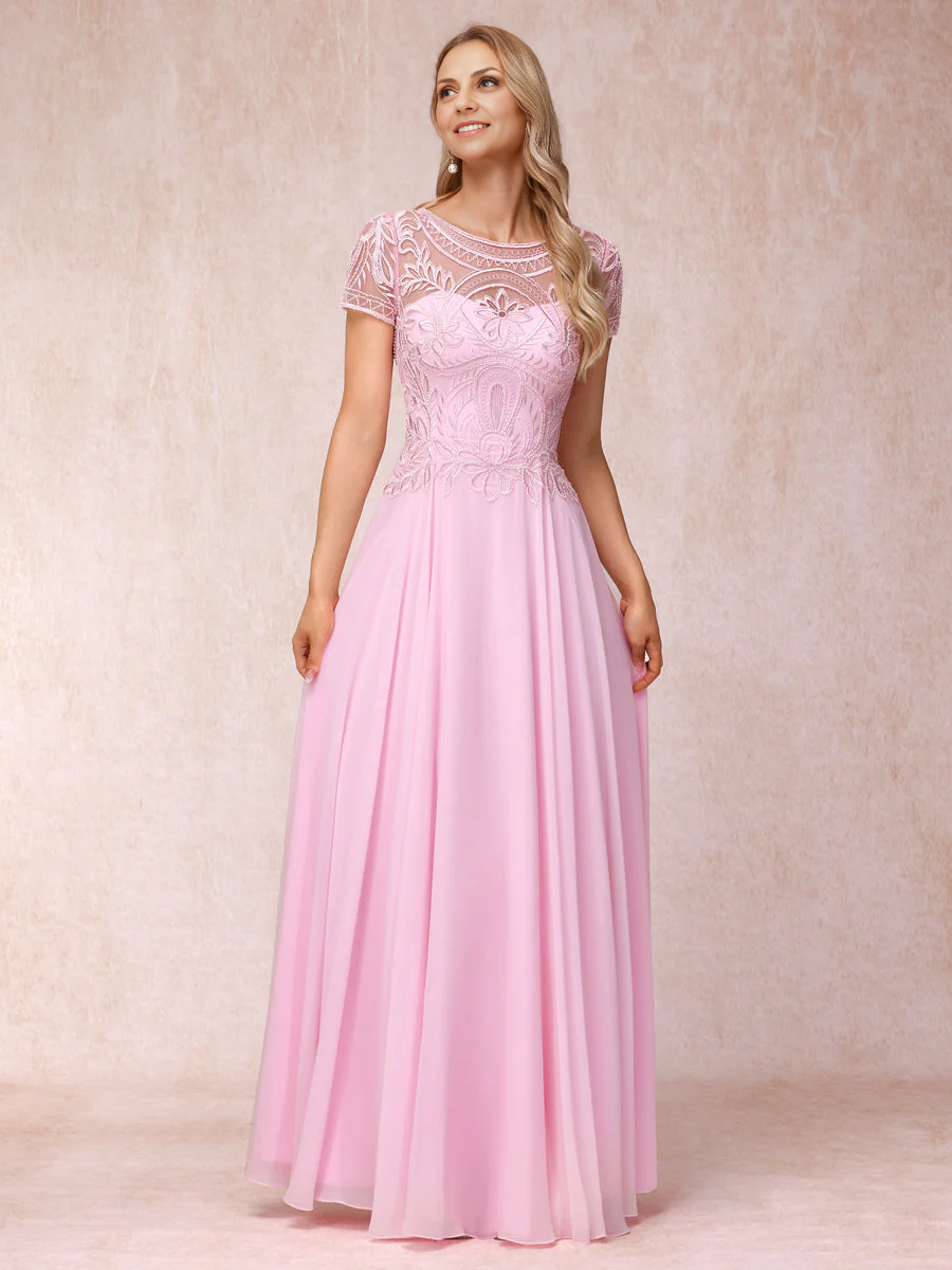 A-Line/Princess Sheer Neck Short Sleeves Long Formal Chiffon Mother of the Bride Dresse with Appliques