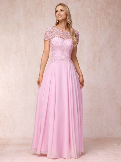 A-Line/Princess Sheer Neck Short Sleeves Long Formal Chiffon Mother of the Bride Dresse with Appliques