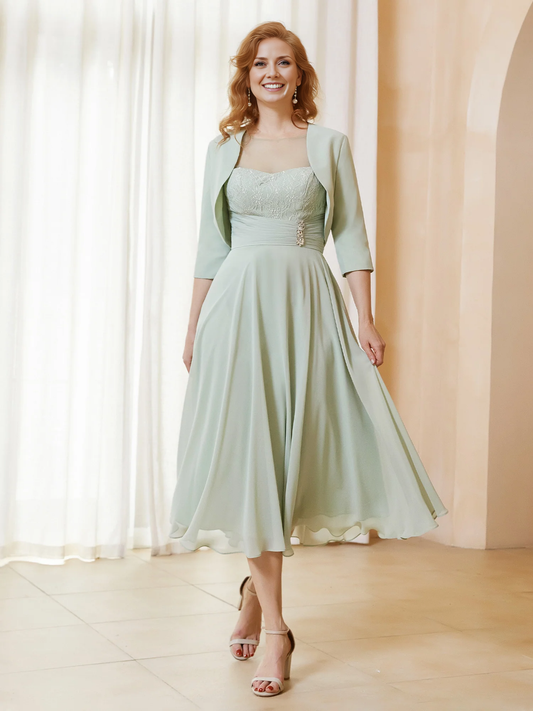 Two Piece Illusion Neckline Short Sleeves Chiffon Mother of the Bride Dresse with Jacket Dusty Sage