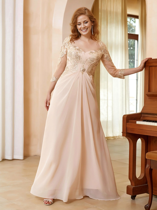 Chiffon Appliqued Dress with Open Back Champagne Chiffon Mother of the Bride Dresse