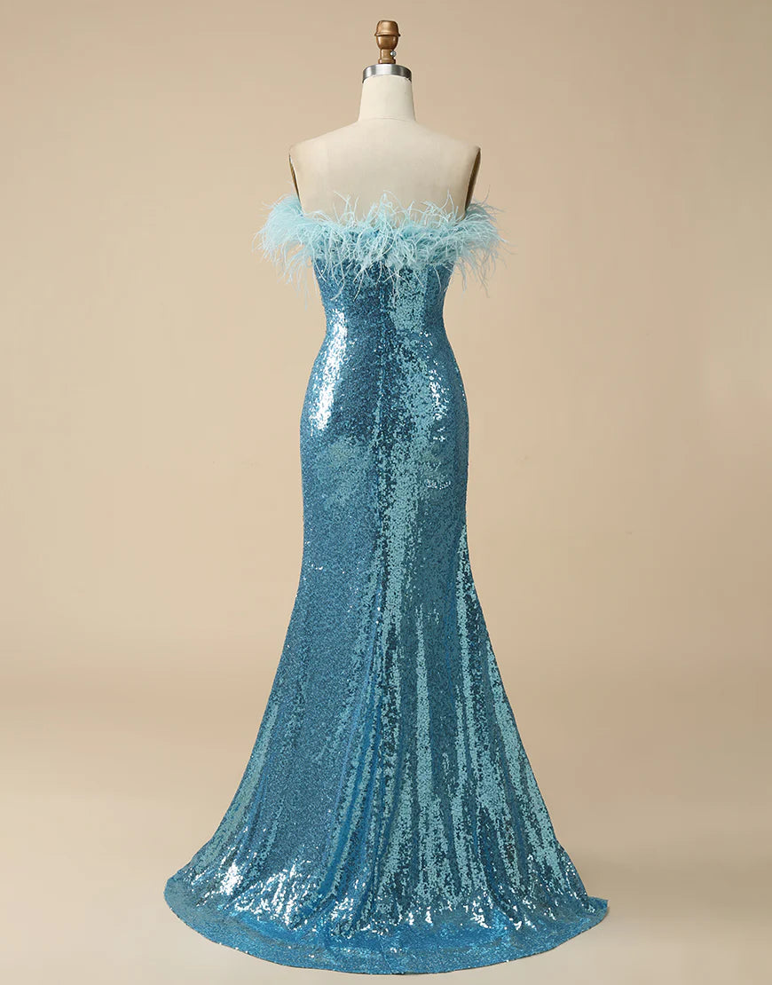 Mermaid Strapless Slit Dress Sequin Prom Dress With Feathers