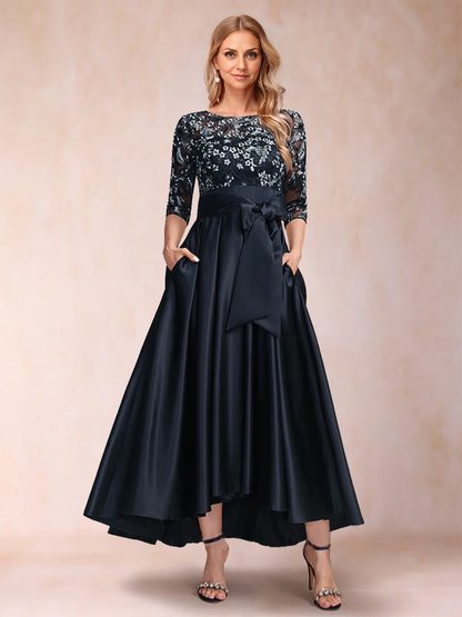 A-Line/Princess Asymmetrical 3/4 Sleeves Scoop Waist Draped Bow Mother of the Bride Dresses