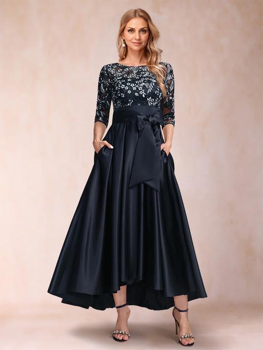 A-Line/Princess Asymmetrical 3/4 Sleeves Scoop Waist Draped Bow Mother of the Bride Dresses