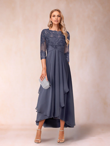 A-Line/Princess Sheer Neck 3/4 Sleeves Long Formal Mother of the Bride Dresse with Beading