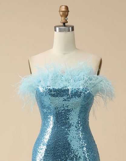 Mermaid Strapless Slit Dress Sequin Prom Dress With Feathers