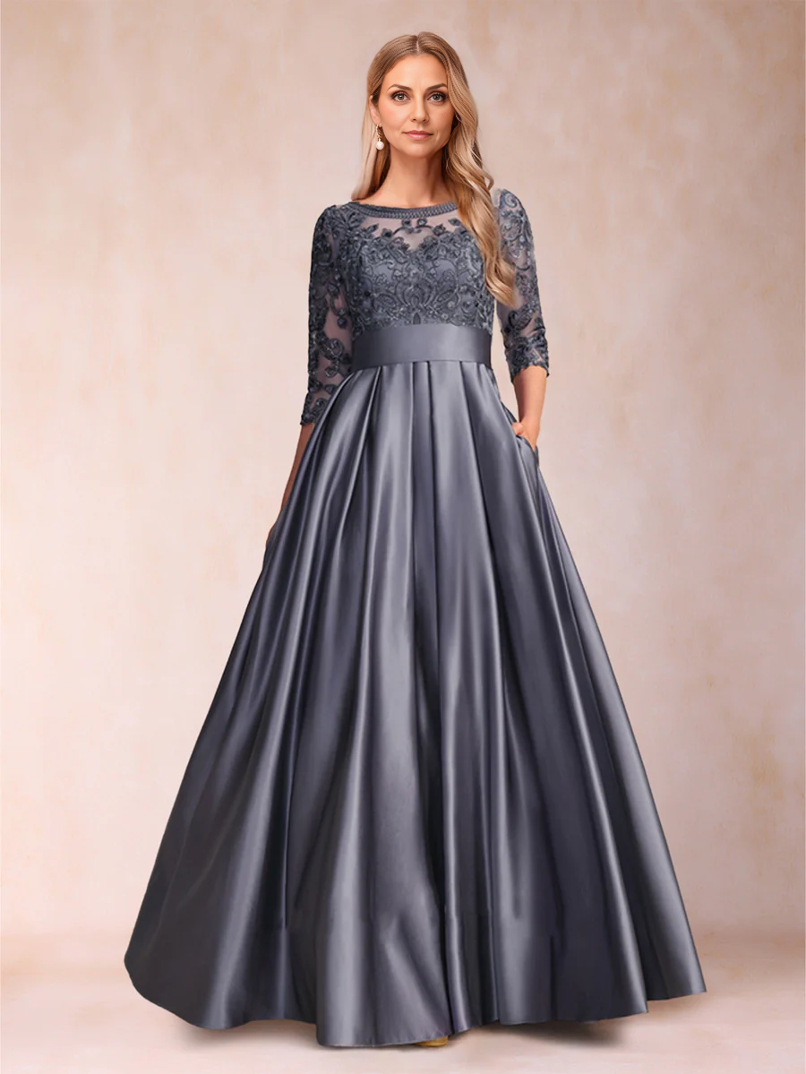 A-Line/Princess Floor-Length 3/4 Sleeves Scoop Mother of the Bride Dresses With Appliques