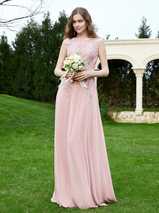 Elegant Illusion Lace Appliqued Bridesmaid Dress With Buttons