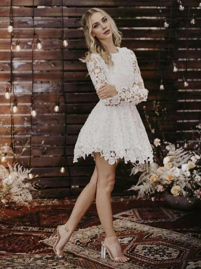 Cute A-Line Short Wedding Dresses Jewel Neck Long Sleeves A-Line Lace Bridal Gowns