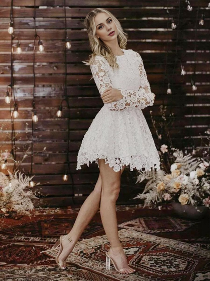 Cute A-Line Short Wedding Dresses Jewel Neck Long Sleeves A-Line Lace Bridal Gowns