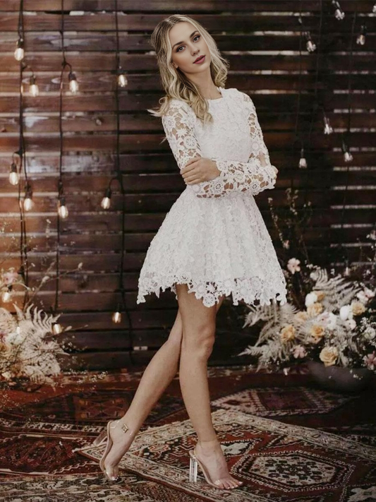 Cute A-Line Short Wedding Dresses Jewel Neck Long Sleeves A-Line Lace Bridal Gowns