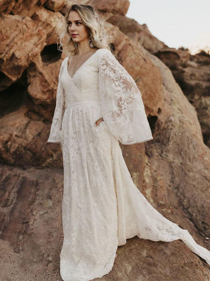 Ivory Boho Wedding Dress Lace Sash A-Line With Train Backless Long Sleeves V-Neck Bridal Gown