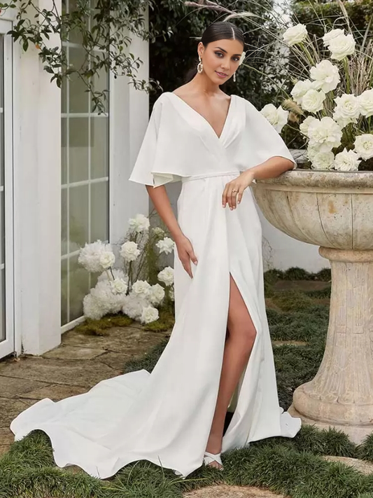 Simple Wedding Dress A-Line V-Neck Half Sleeves Backless Pleated Bridal Gowns
