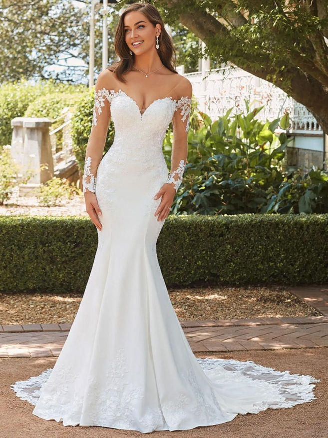 Mermaid Wedding Bridal Gowns V-Neck Long Sleeves Natural Waist Lace Court Train Bridal Gowns