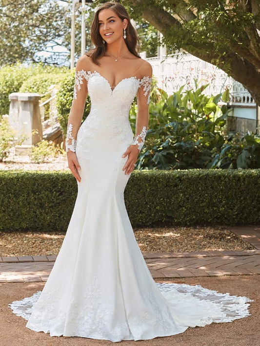 Mermaid Wedding Bridal Gowns V-Neck Long Sleeves Natural Waist Lace Court Train Bridal Gowns