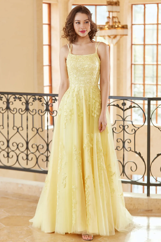 Gorgeous A Line Spaghetti Straps Yellow Long Prom Dress Wedding Guest Dresses with Appliques