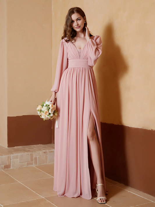 Plunging V-neck Floor-length Chiffon Bridesmaid Dress With Slit