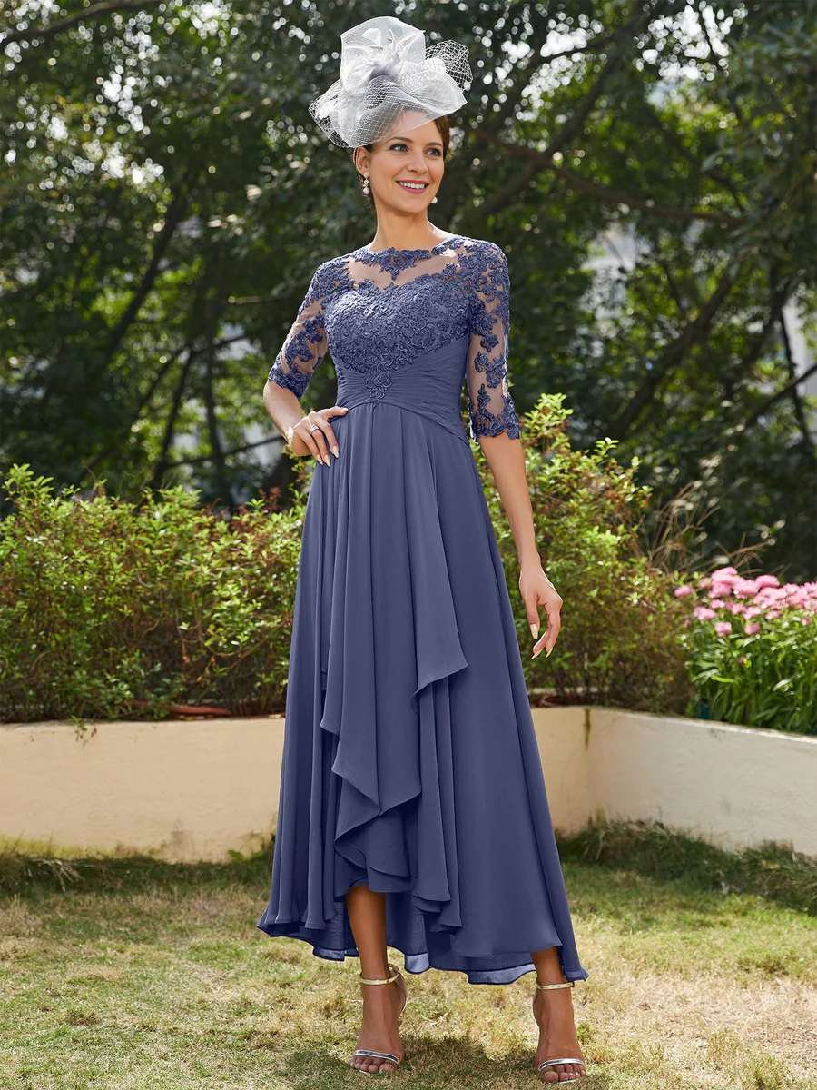A-Line/Princess Sheer Neck Half Sleeves Long Chiffon Mother of the Bride Dresse with Appliques