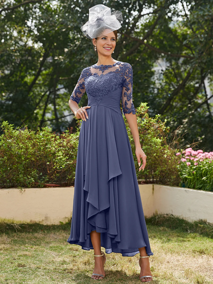 A-Line/Princess Sheer Neck Half Sleeves Long Chiffon Mother of the Bride Dresse with Appliques