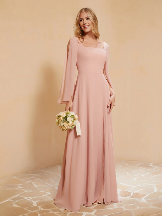 Square Neckline Ruched Chiffon Floor-length Bridesmaid Dress