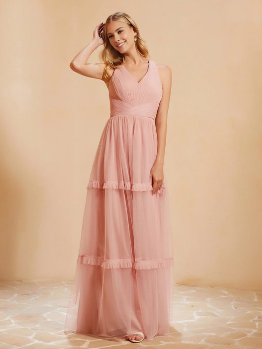 V-neck Pleated Ruffle Floor-length Tulle Bridesmaid Dress Dusty Rose