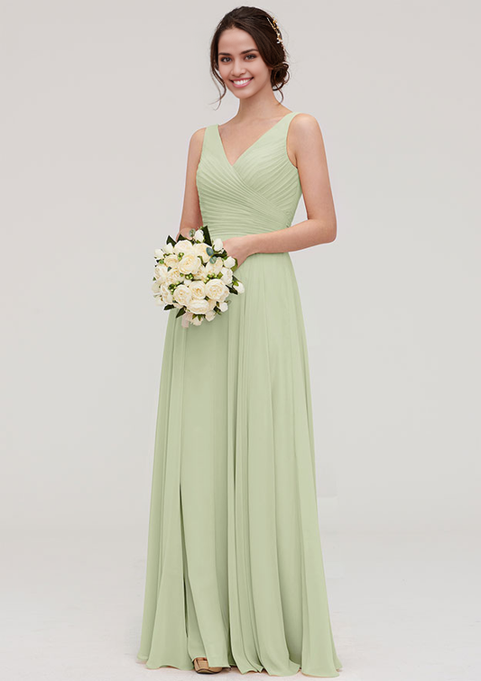 V Neck Sleeveless LongFloor-Length Chiffon Bridesmaid Dress With Sashes Pleated
