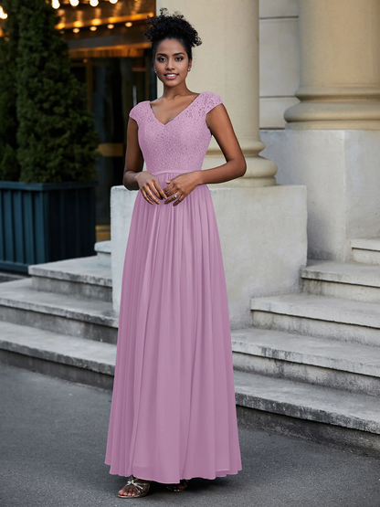 Lace and Chiffon Maxi Dress with Cap Sleeves Wisteria Chiffon Mother of the Bride Dresse