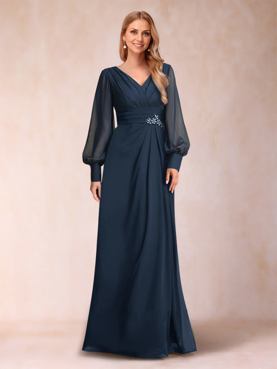 A-Line/Princess Long Sleeves V-Neck Chiffon Mother of the Bride Dresse